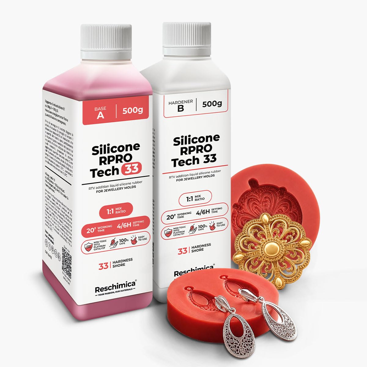 Caoutchouc de Silicone Rouge Liquide pour Moulage 1:1 R PRO TECH 33 (1 kg) | 100% Sûr et Non Toxique avec Catalyseur au Platine