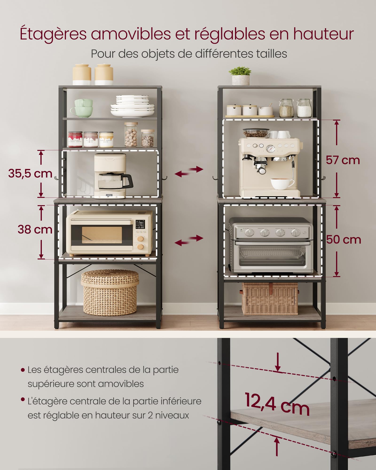 VASAGLE Étagère de Cuisine, Étagère pour Machine à Café, 6 Étagères et 6 Crochets, pour Four à Micro-Ondes, Cadre en Acier, Style Industriel, 40 x 60 x 167 cm, Gris et Noir KKS024B02