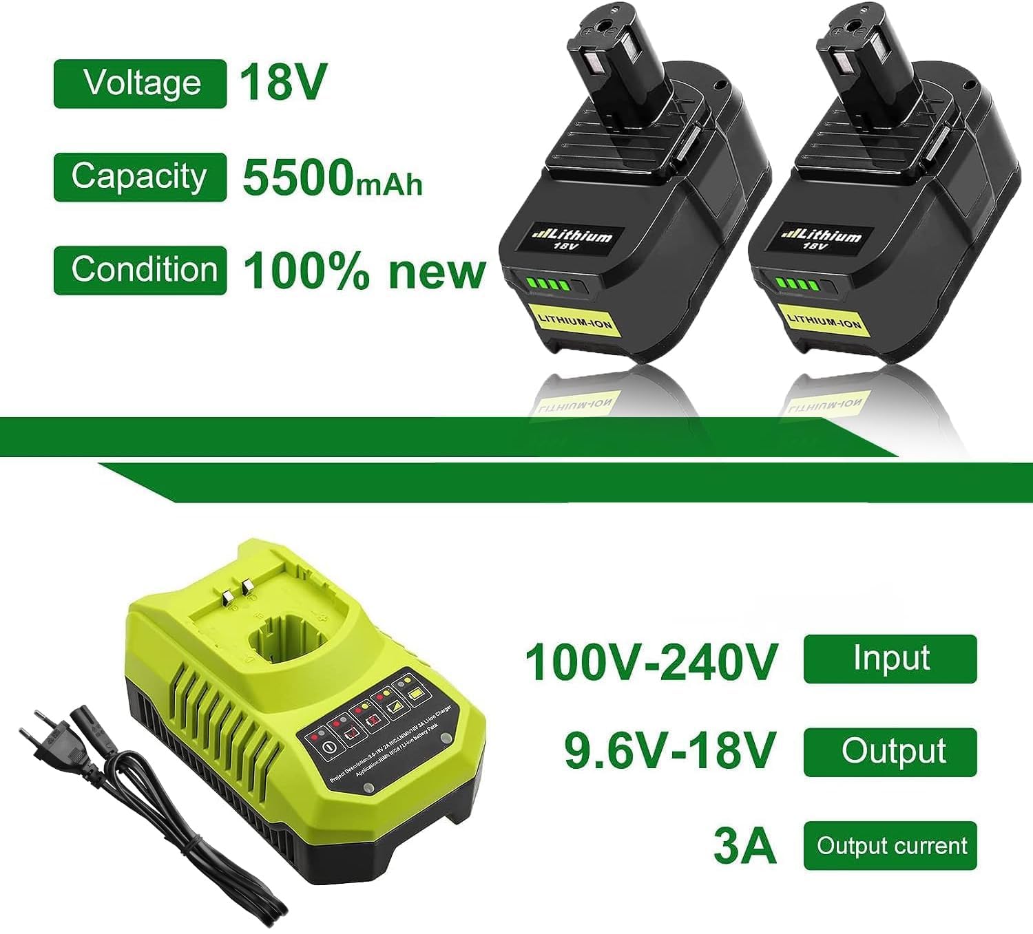 2X RB18L50 18V 5.5Ah Batería de Repuesto para Ryobi + 1 Pieza 9.6V-18V 3A para Ryobi Cargadores