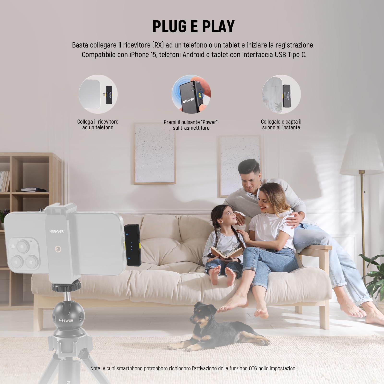 Neewer Kit di Microfono Wireless per iPhone 16 15 Pro Max iPad Android, Microfono Lavalier Anti Rumore con Ricevitore USB C e Custodia di Ricarica, Mini Lav Mic a Clip per Registrazione Video, KM15