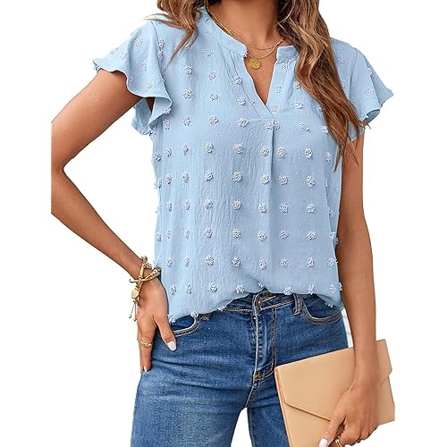 MEROKEETY Women 2025 Summer V Neck Ruffle Short Sleeve Blouse Swiss Dot Flowy Shirt Tunic Top