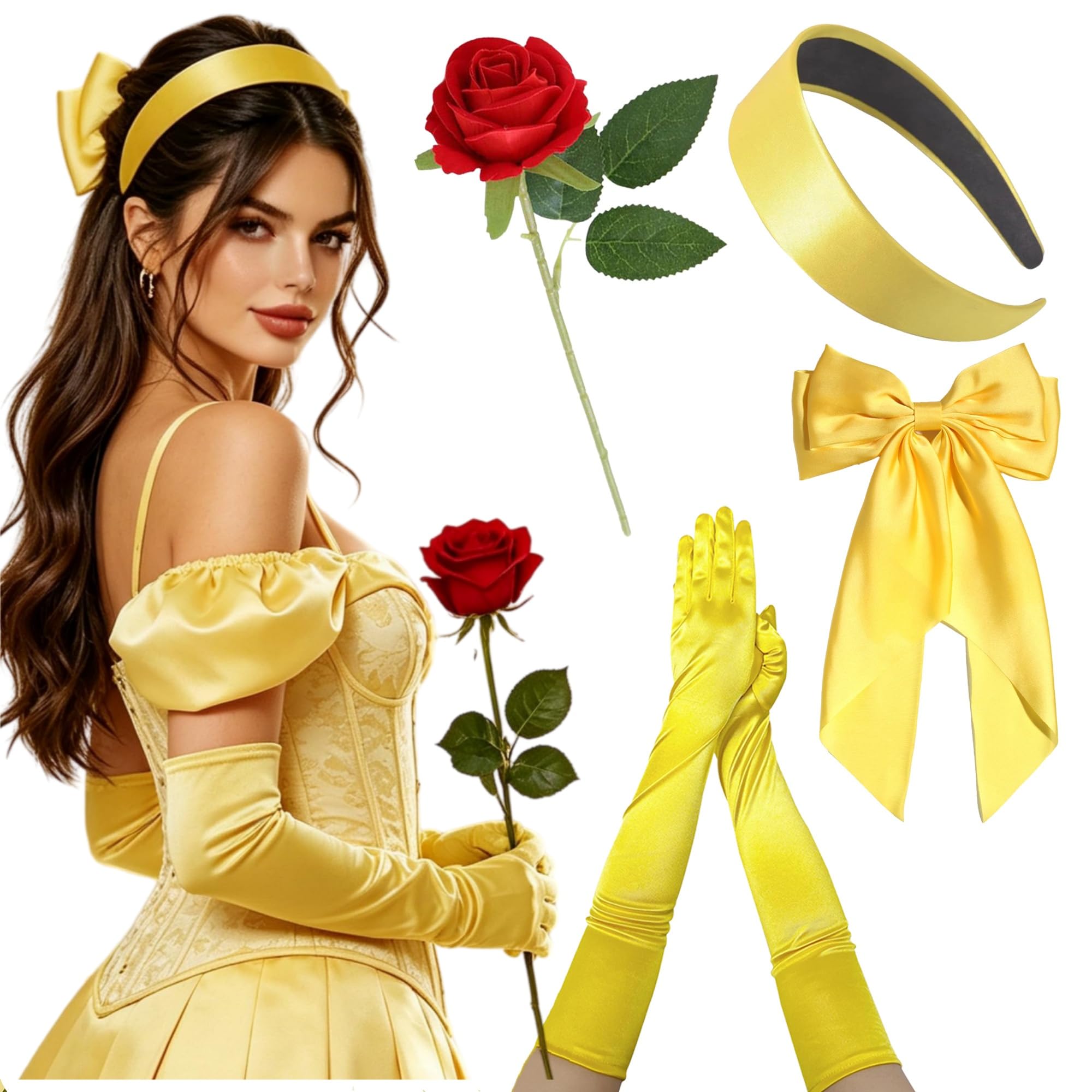 4PCS Princess Yellow Bow Headband Yellow Gloves Women Dress Up