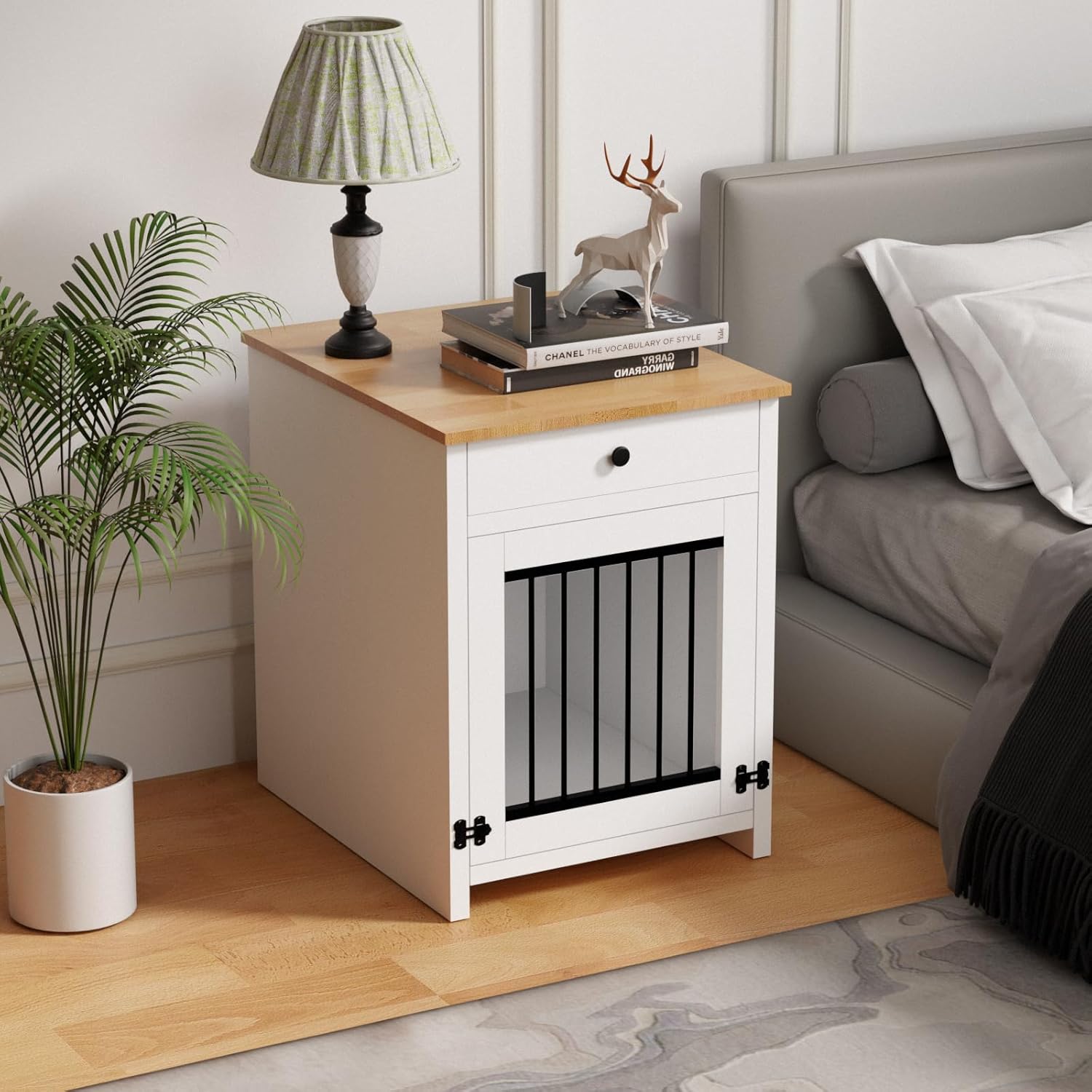 Small Dog Crate Furniture with Drawer, Wooden Pet Kennel End Table for Small Dogs, Furniture Style Indoor Dog House, Decorative White Dog Cage Nightstand, Side Table with Metal Bars & Secure Lock