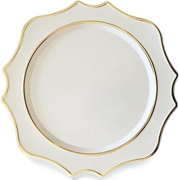 OCCASIONS  10 Pieces 13.25 Scalloped Plastic Disposable Charger Plates for Wedding, Party Decoration Scalloped Imperial Ivory & Gold