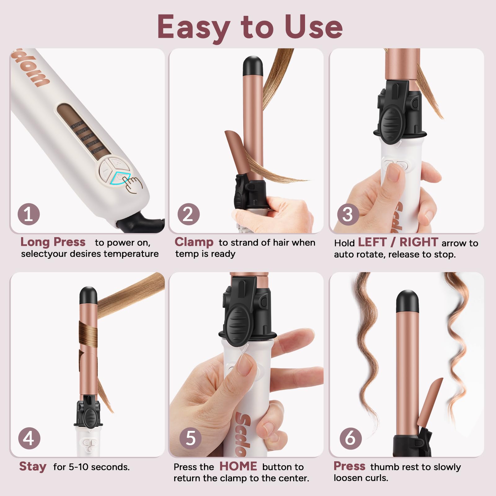 Rizador de Pelo Automático, Rizador Automático con Abrazadera, 5 Configuraciones de Calor Cable Eléctrico Giratorio de 360°, Rizador de pelo Giratorio Automático Función de Reinicio Automático (26MM)