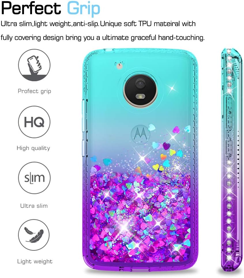LeYi Moto E4 Case (USA Version) (Not Fit E4 Plus) with Tempered Glass Screen Protector [2 Pack] for Girls, Glitter Diamond Liquid Protective Phone Case for Motorola E (4th Generation) Teal/Purple