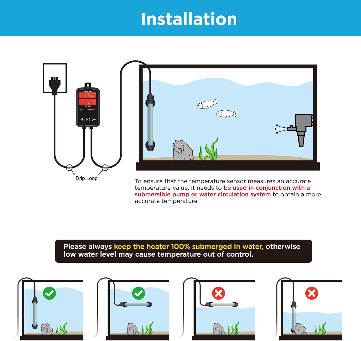 500W Titanium Aquarium Heater, Submersible Fish Tank Heater with Digital Display Temperature Controller, 0℃-40℃ Adjustable, Fast Heating for 65~95 Gal Saltwater Reef Fish Tank, MX-9016(500W)