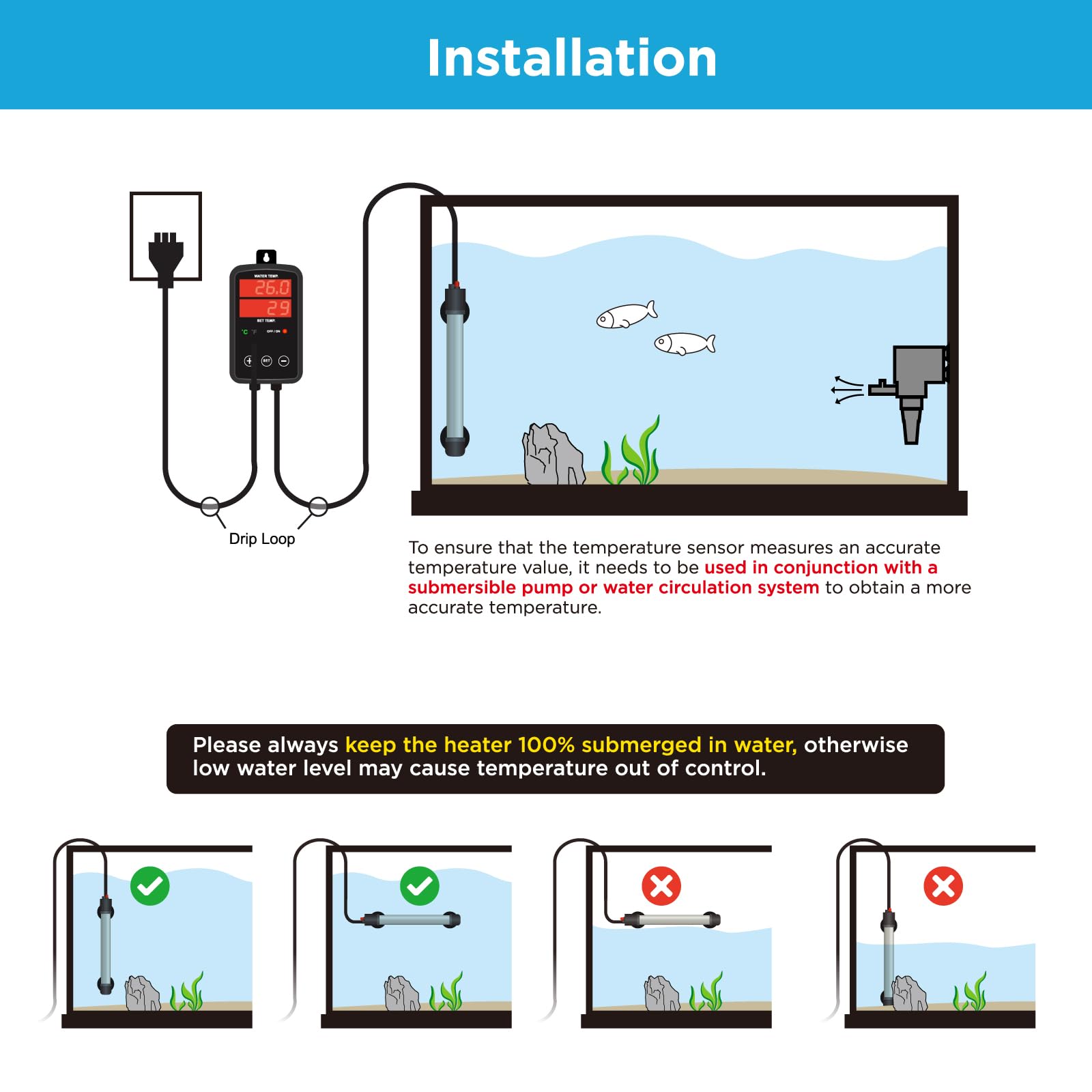 Calentador de acuario de titanio de 500 W, calentador sumergible para pecera con controlador de temperatura de pantalla digital, ajustable de 0 ℃ a 40 ℃, calentamiento rápido para pecera de