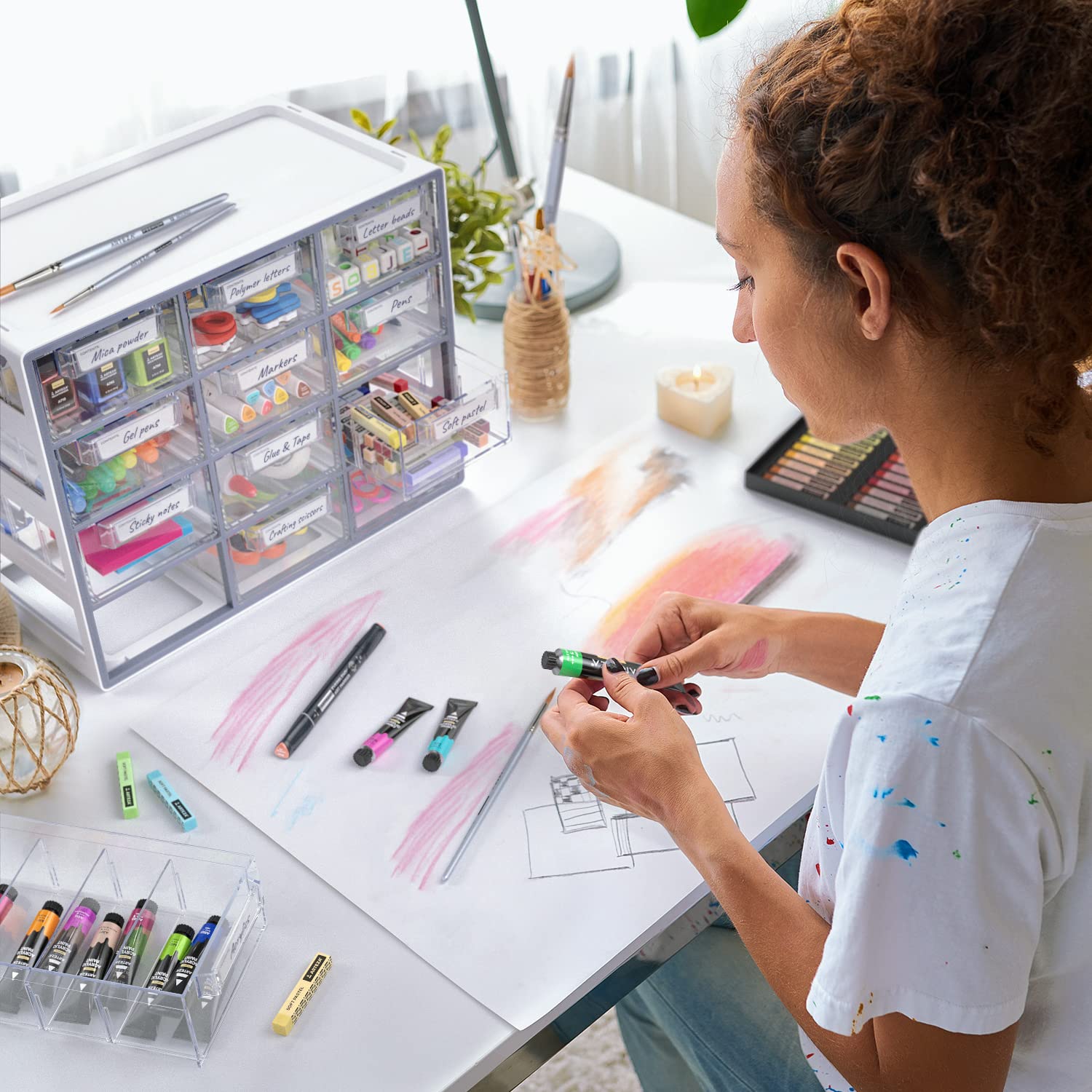 ARTEZA Cassettiere per Scrivania, 12 Cassetti Trasparenti per Penne, Clip, Materiali per Cucito e Artigianato, Organizzazione Casa, Ufficio e Classe – Grigio