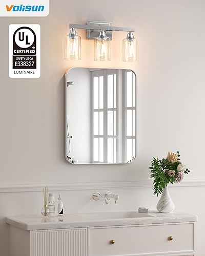 Miniatura 2 de VOLISUN Lámparas de baño de níquel cepillado, 3 luces de tocador de baño sobre espejo, modernas luces de tocador para baños, accesorios de