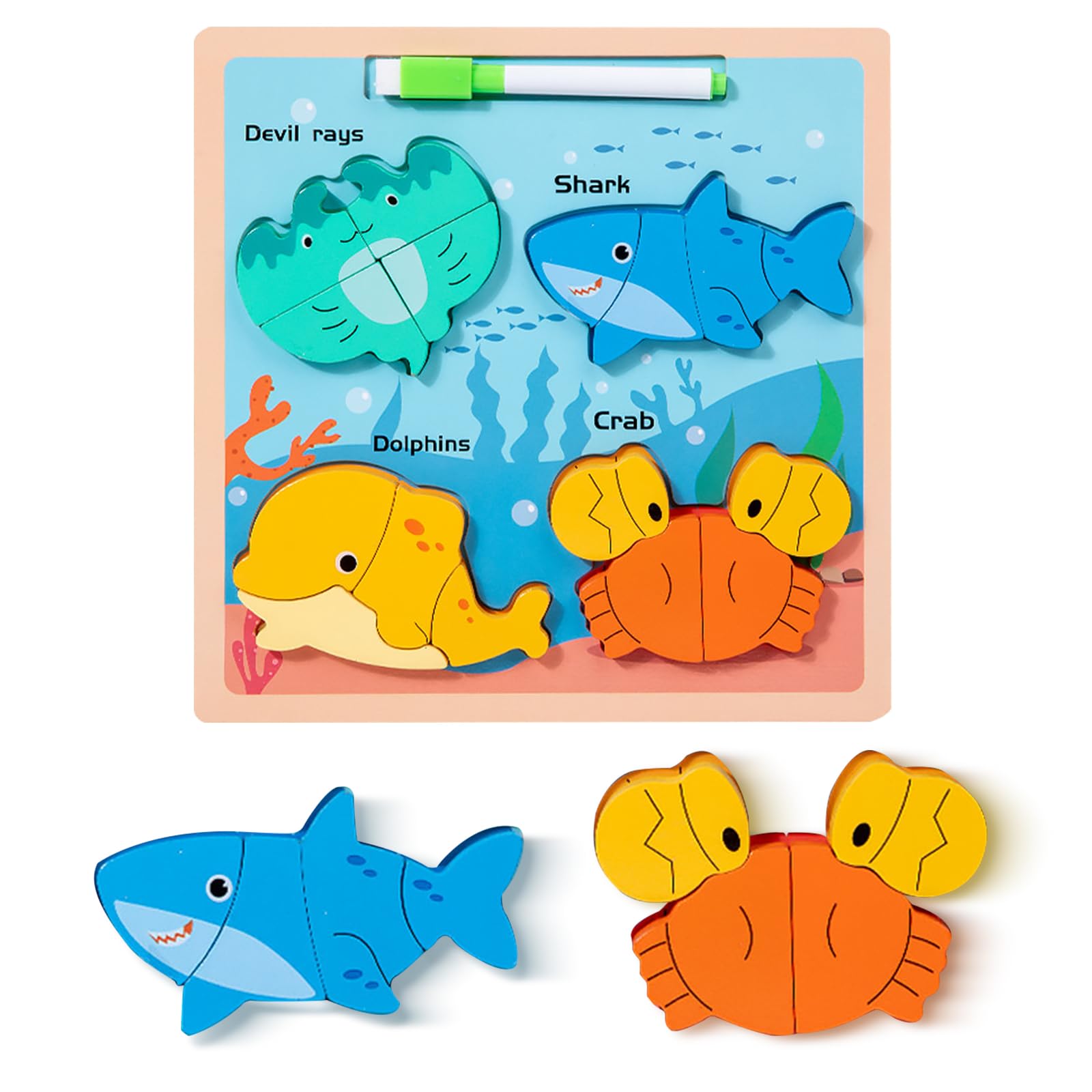 Rompecabezas de Madera para Niños, Puzzle Madera Montessori, Puzzle 3D Madera para Niños, Juguetes Educativos, Juguete de Educación Temprana para Niños de 1 a 3 Años(Océano)