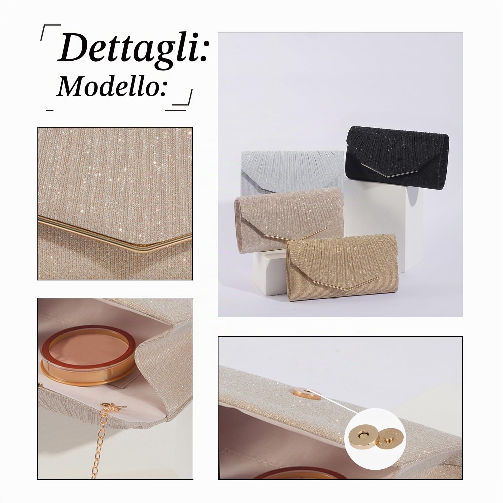 Borsetta da Sera Donna Clutch Bag con Paillettes Borsa Sposa Pochette Piccolo con Catena Bling Borsa a Spalla Borsa a Tracolla Elegante Borse Messenger per Ballo Cocktail Festa Champagne