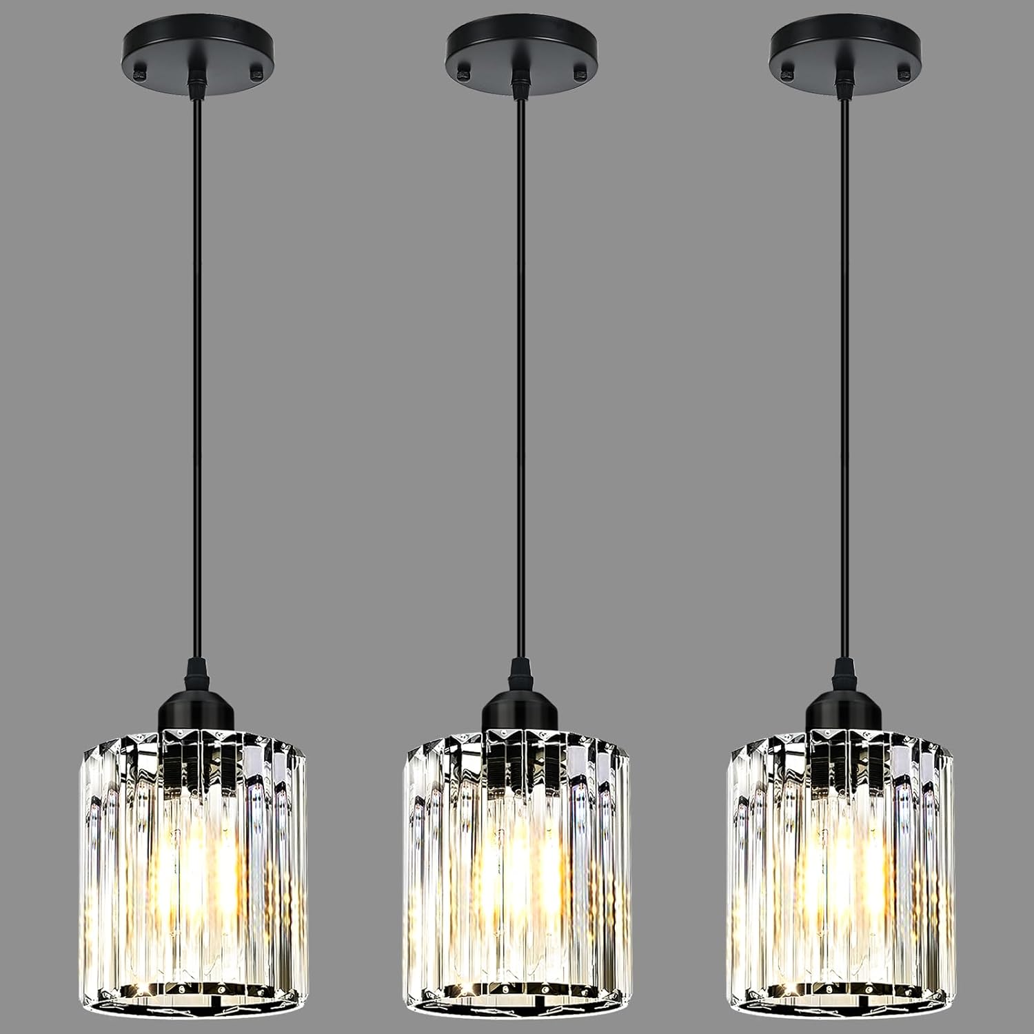 3 Pack Pendant Lights Kitchen Island, Elegant Modern Island Lights for Kitchen with Crystal Glass – Luxury Black Pendant Lights for Kitchen Island, Dining Table, Entryway, Restaurant
