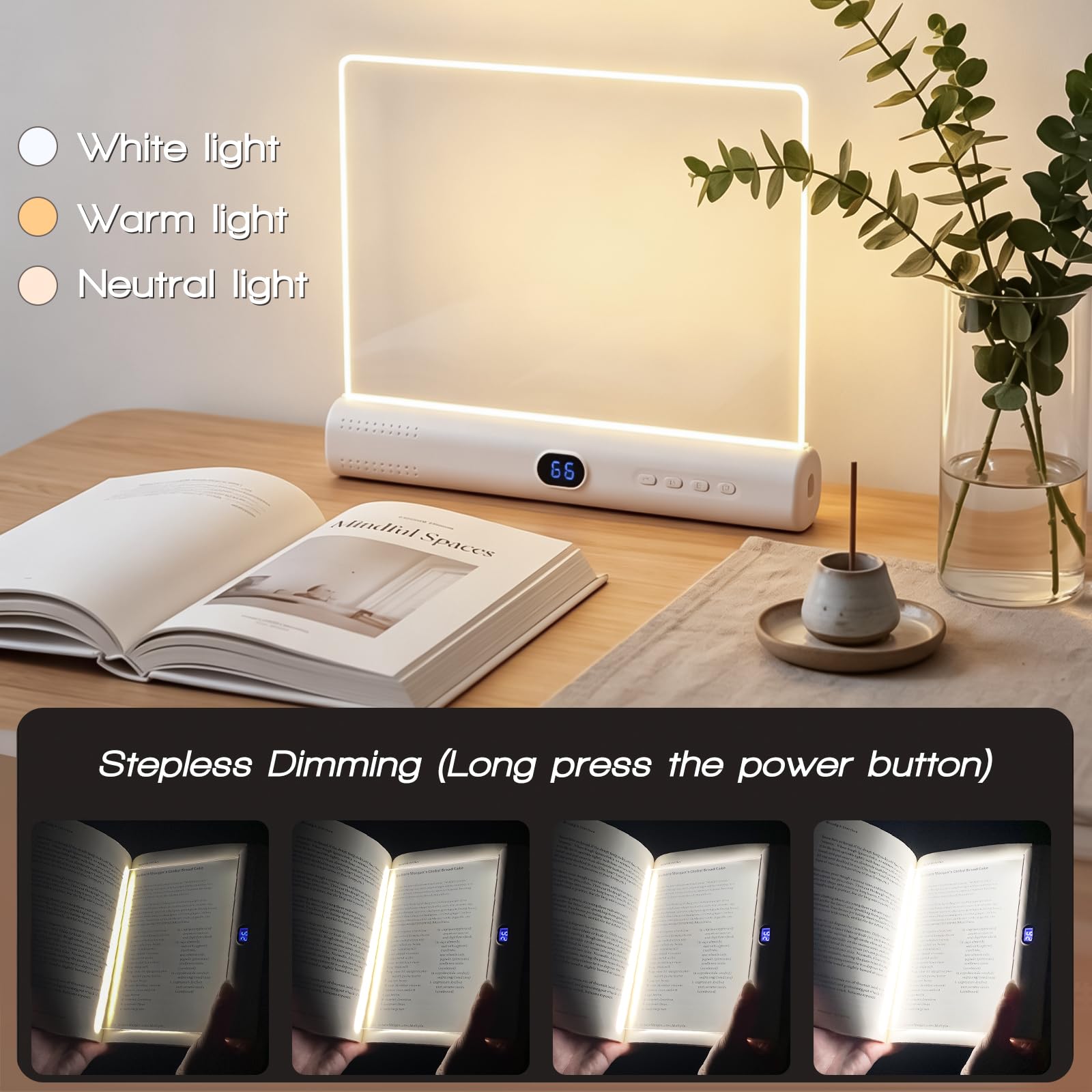 Luce LED per libri e luce notturna 2 in 1, ricaricabile tramite USB, per libri a letto, 3 modalità di colore, oscuramento continuo della luminosità, timer di spegnimento automatico, lettura