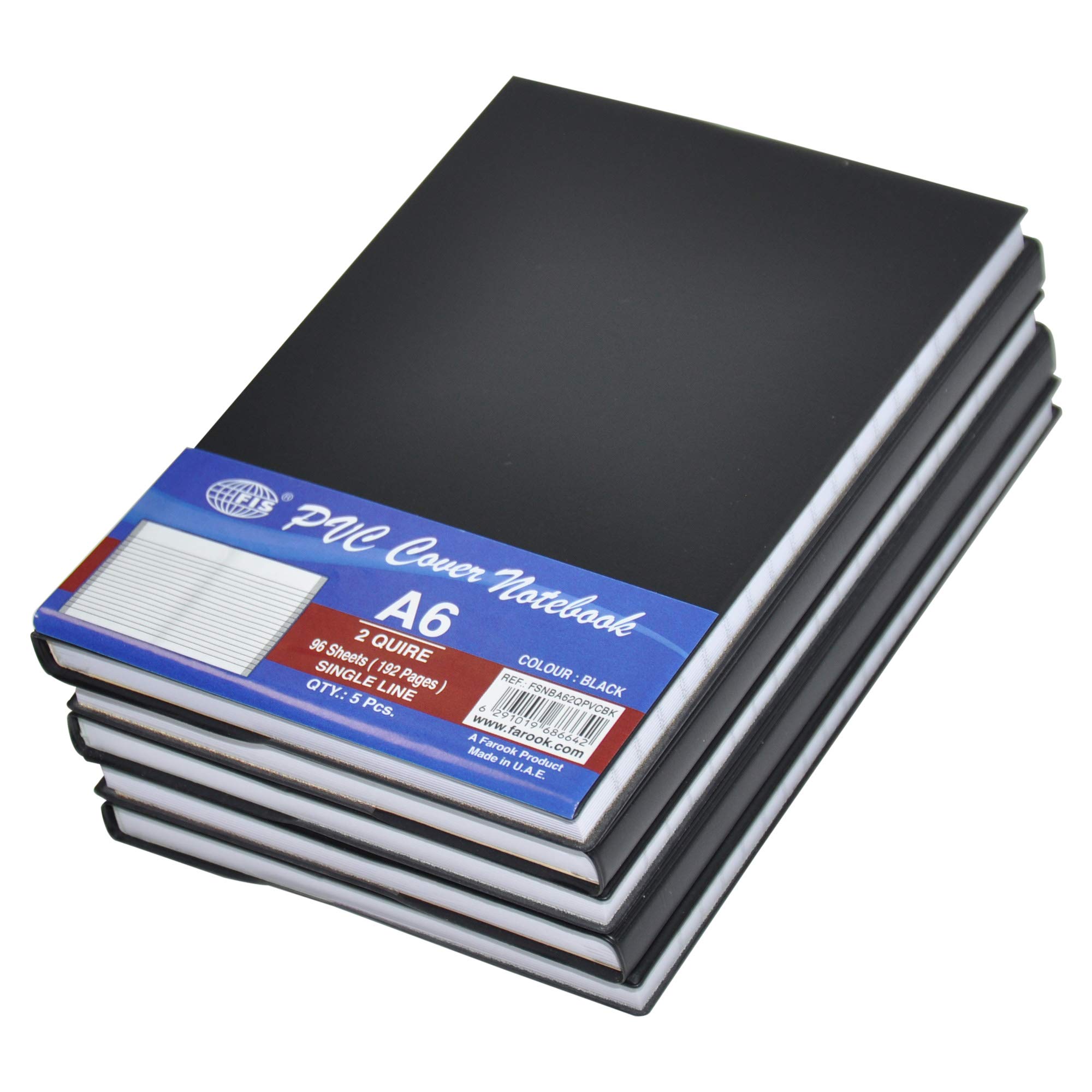 FIS PVC Cover Note Book, 96 sheets, 192 pages, A6 Size, Single Line, Black Colour 5-Piece - FSNBA62QPVCBK