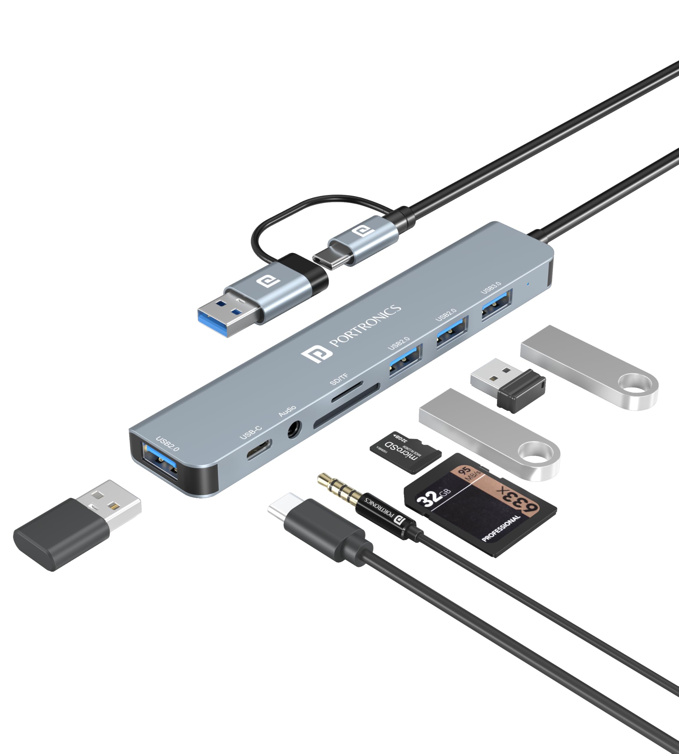 Portronics Mport 8 Plus Dual Hub(Type C and USB) (8-in-1) with AUX, USB 3.0, microSD/SD Card Reader, Type-C Data, PD Charging, USB 2.0, Type-C and USB Plug for Laptop, Mac, PC (Grey)