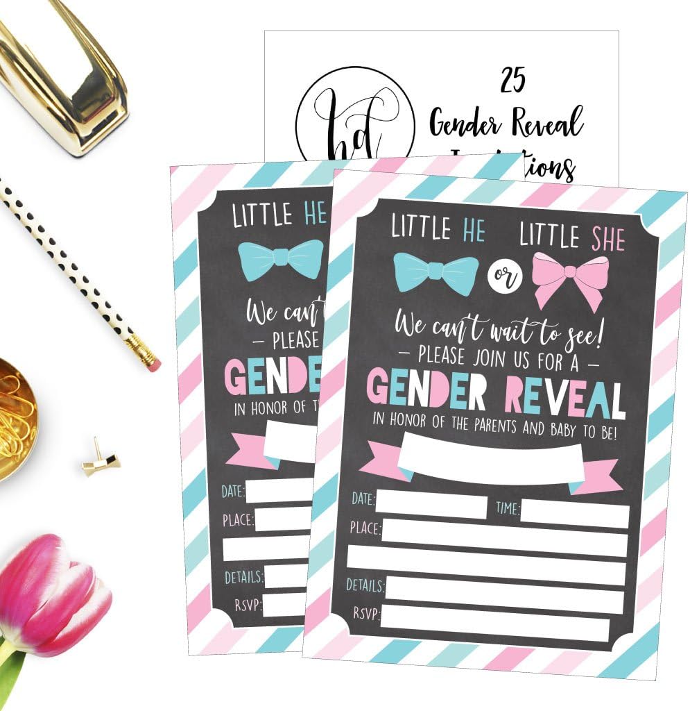 Hadley Designs 25 Pink and Blue Gender Reveal Baby Shower Party Invitation Cards, He or She Personalized for Gender Neutral Unisex Invites Guess-If It's a Boy or Girl Sprinkle