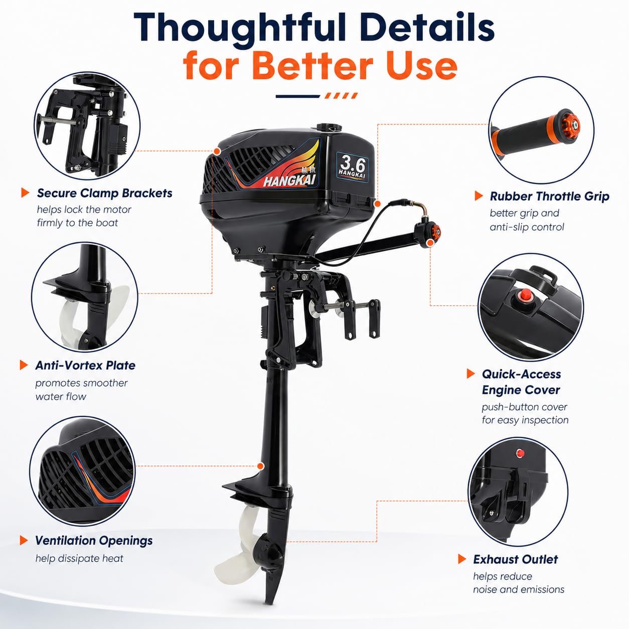 Motor fueraborda de 2 tiempos, 2600W 3.6cv, motor eléctrico fueraborda con CDI y refrigeración, función de giro de 360 grados, motor fueraborda para kayaks, canoas, botes auxiliares y botes hinchables