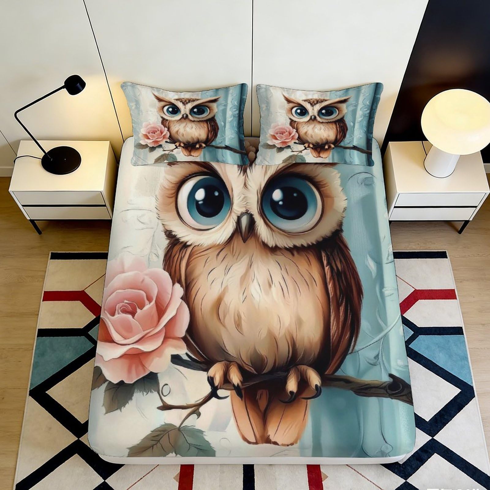 Uynsixtme Style-10 3D Printed Owl Floral Fitted Sheet Microfiber Non-Slip Deep Pocket Bedding Owl Mattress Fitted Cover Full Wrap Washable For Bedroom 90X200x25cm