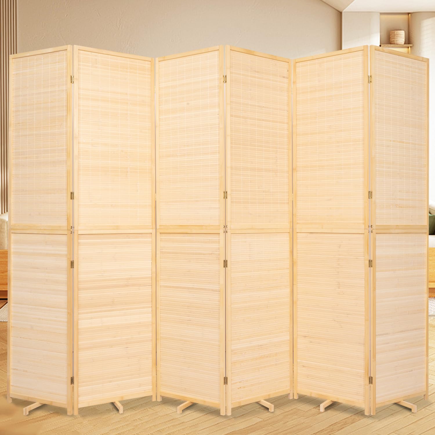 Bamboo Mesh Woven Room Divider 5.6FT,4 Panel Folding Wall Divider,Beige