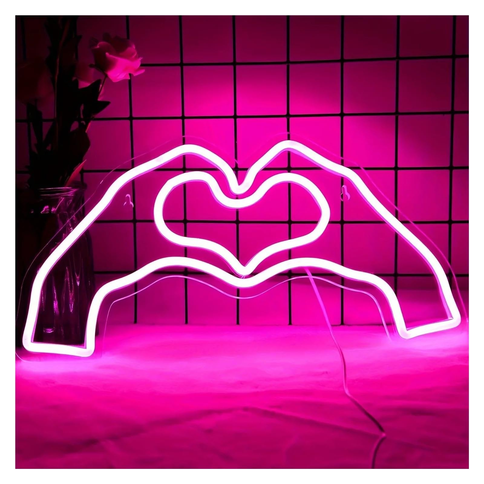 LEMST Sign Lamp Hand Heart Gesture Neon Signs USB Powered Rose Red Neon Lights Suitable for Children's Room Bistro Birthday Party Decor 17.5cmx35cm