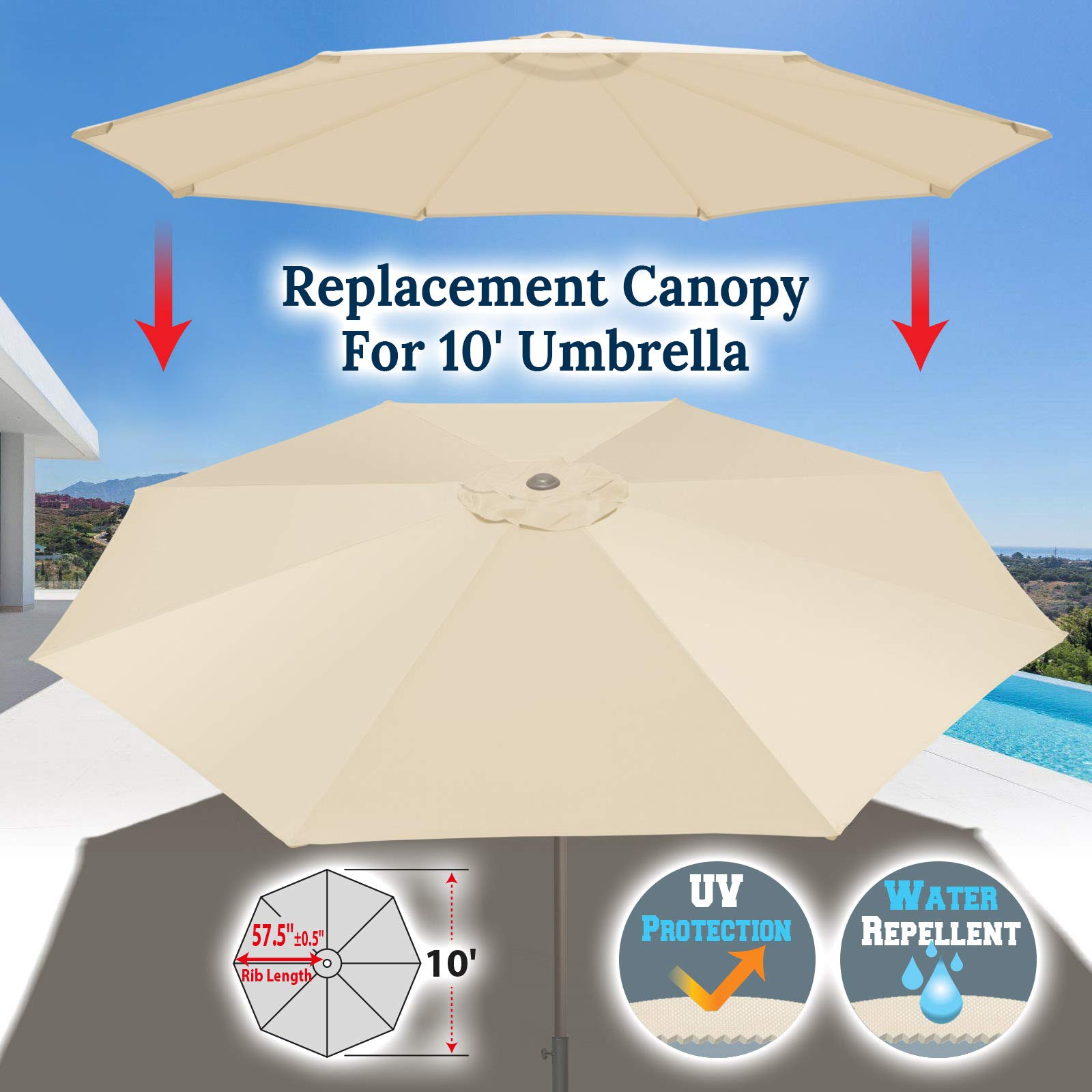 BenefitUSA UC-12 Canopy 10ft 8 Rib Patio Replacement Top Outdoor (Off-White) Umbrella Cover