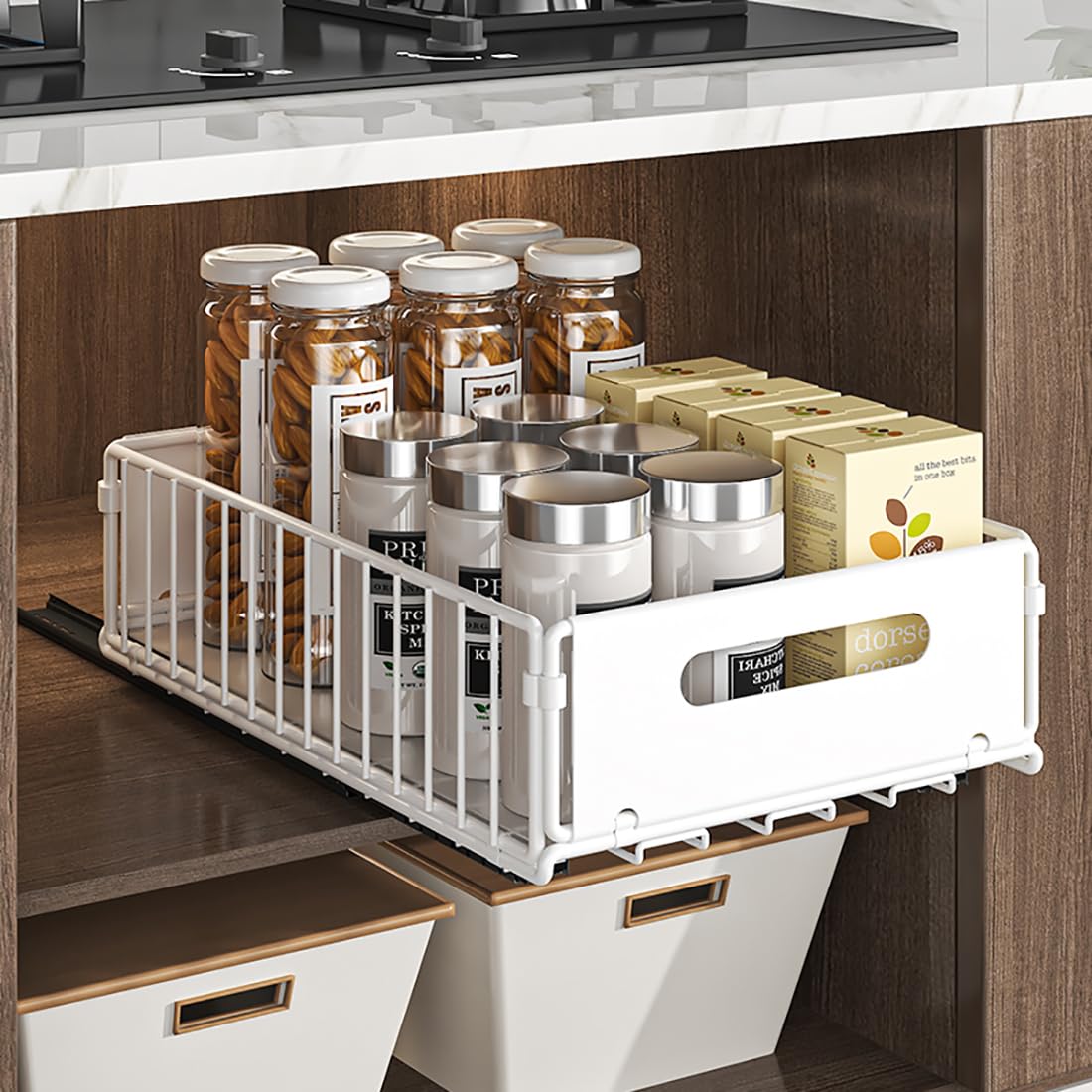 YunNasi Pull Out Cabinet Organizer Slide Out Drawer Storage Shelves Cupboard Organiser Sliding Cabinet Basket for Kitchen with Silent Slide No Drilling and Nailing (White - Image 4