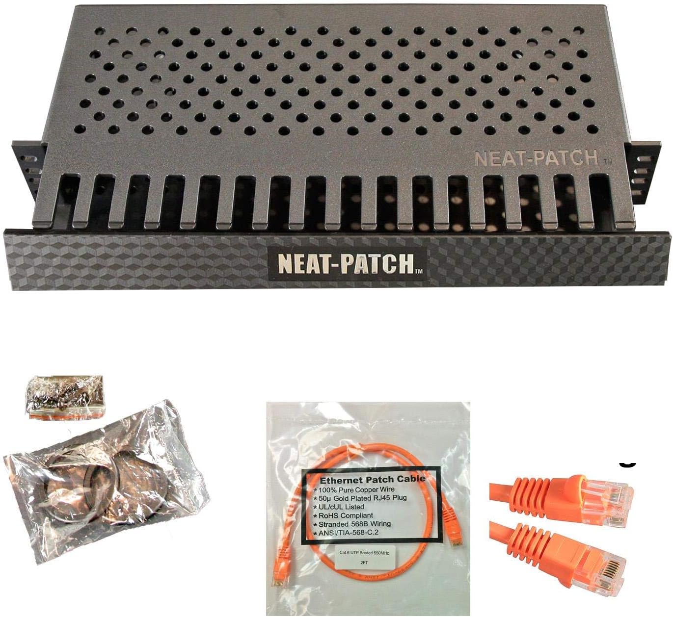 Neat Patch MINI 1U Low Profile Cable Management Kit - 10 Packs w/ 240 CAT6 Patch Cables (1FT Orange)