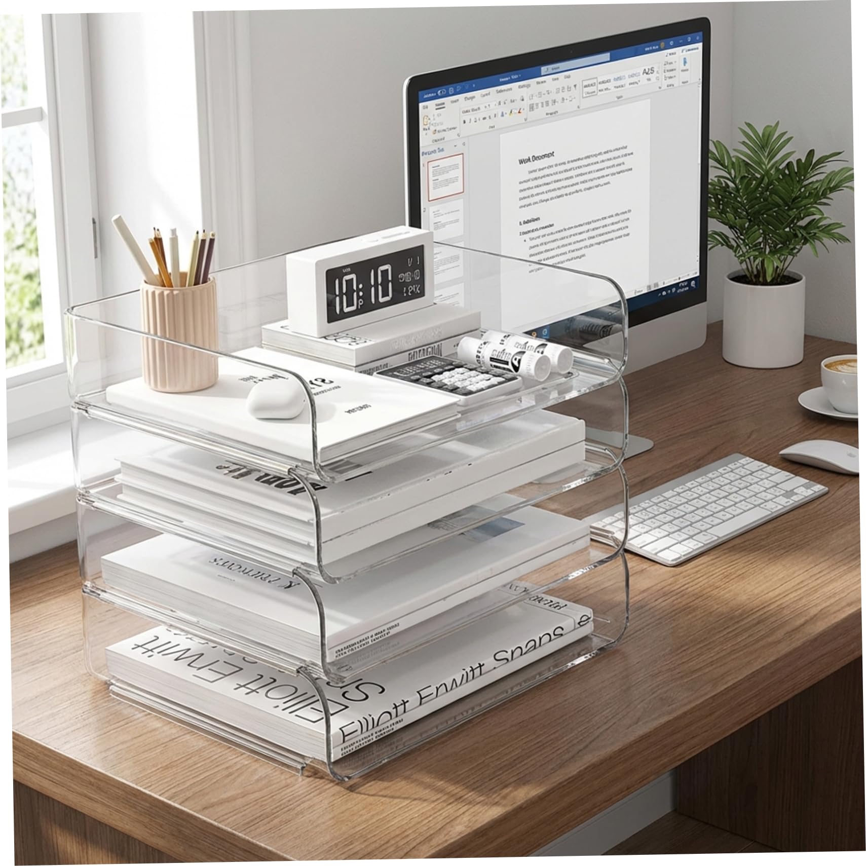 Organizador de escritorio acrílico, organizador de escritorio transparente apilable de 4 niveles para papel A4, cartas y libros - Almacenamiento de archivos de PET transparente para o.