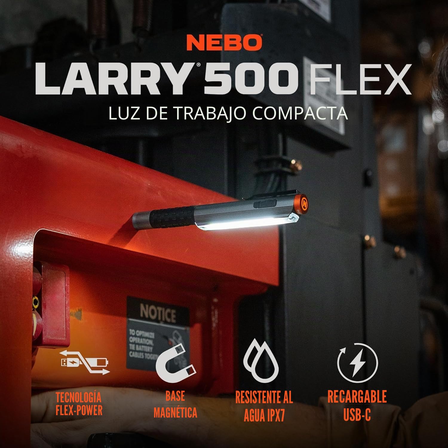 NEBO Lil Larry 500 Flex Luz de Trabajo COB – 500 Lm | Flex Power: Recargable O 2x AAA | 5 Modos | Direct-to-Red | Base Magnética | IPX7 | Aluminio | 75g | USB-C
