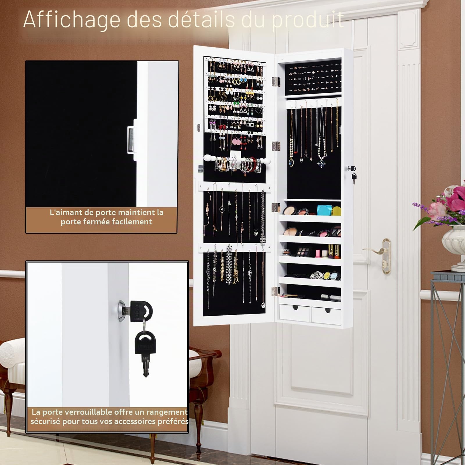 HOMASIS Miroir Boîte à bijoux mural, armoire à bijoux avec LED et serrure, armoire à bijoux avec miroir entier, organiseur pour bijoux, crochet de 4,6 cm, blanc