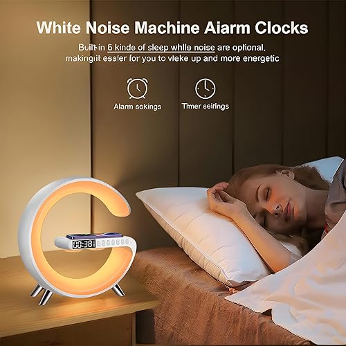 Miniatura 5 de QavaMach Luces nocturnas 7 en 1 con cargador inalámbrico, altavoz Bluetooth y relojes despertadores, lámpara de mesa LED, 15 W Qi carga inalámbrica