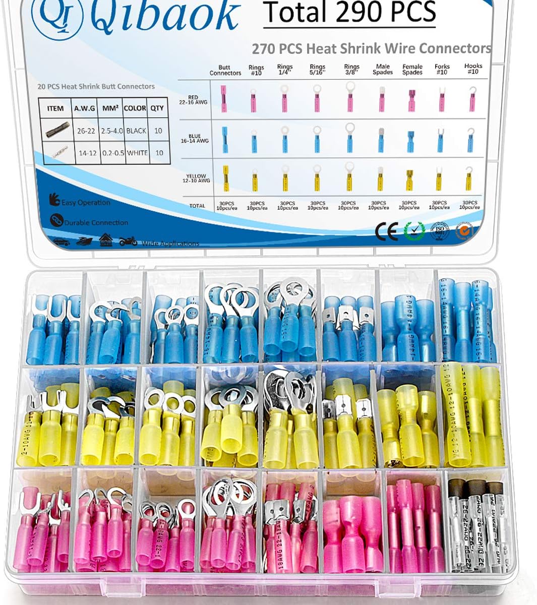290 PCS Heat Shrink Wire Connectors Qibaok Insulated Electrical Terminals Kit Waterproof Marine Crimp Connector Assortment Ring Fork Hook Spade Butt Splices