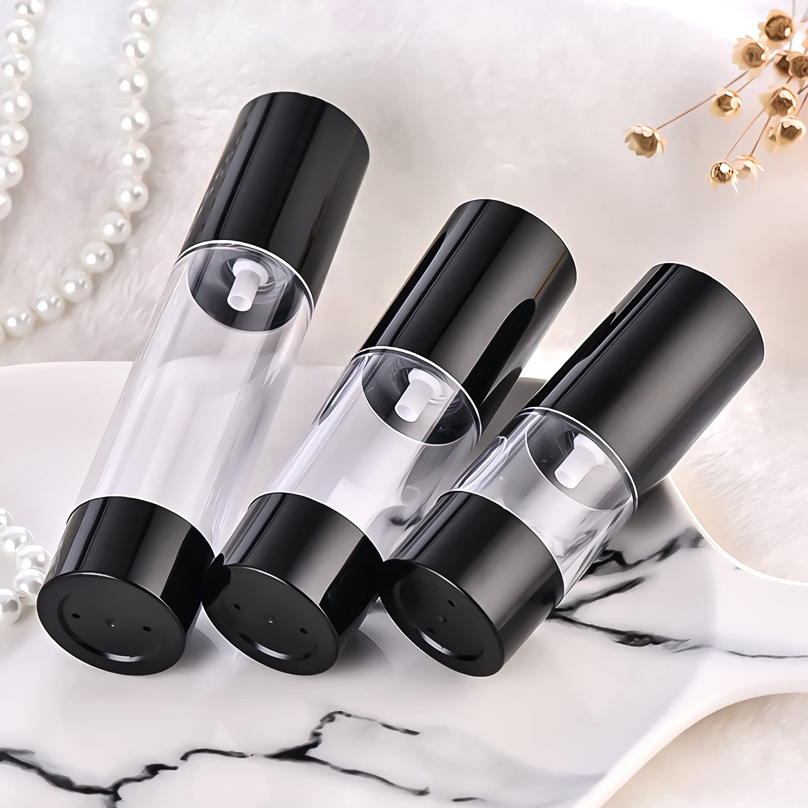 TIANZD 12 Pezzi 30 ml Plastica Bottiglie Airless Dosatori per Cosmetici, Nero Trasparente Bottiglie di Pompa Ricaricabile per Gel Dispenser, Flacone Contenitori per Liquidi Viaggio con Siringa