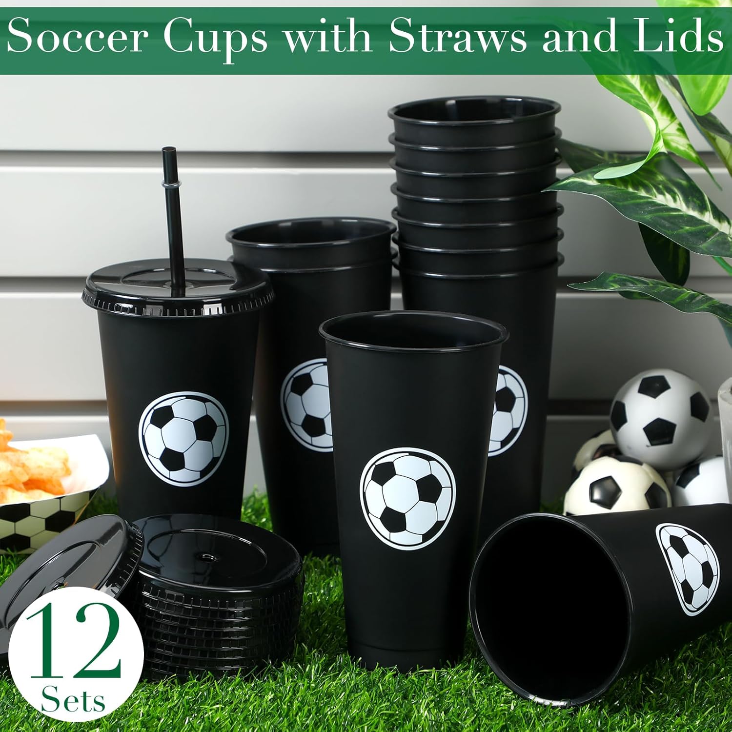 Domensi 12 Pcs Sport Soccer Plastic Cups with Lid and Straw 24 oz Reusable Plastic Cups Coffee Tumblers Gift for Fan Friend Guest Birthday Office Sport Party Supplies - Image 4