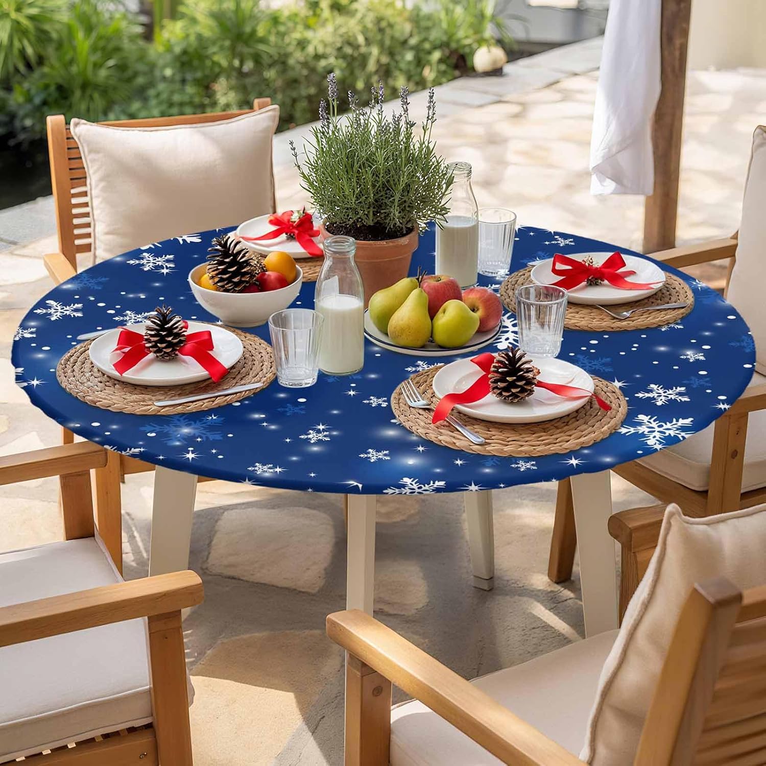 Blue Snowflake Christmas Round Tablecloth, Winter Xmas Fitted Table Cover with Elastic for 55"-60" Round Tables, Snowflake Blue Table Cloth Outdoor Indoor Dinning Party Waterproof Tablecloths