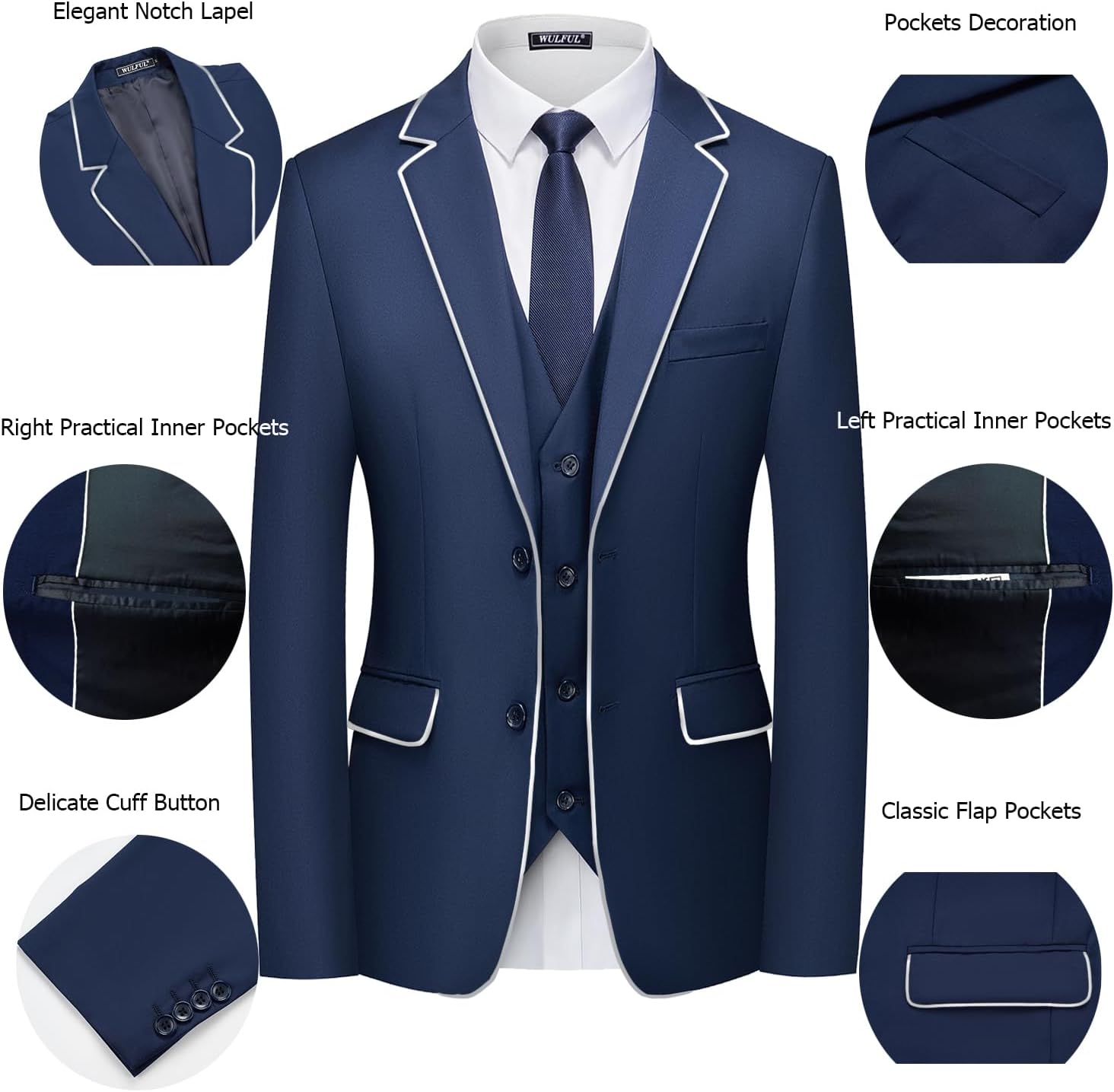 WULFUL Men's 3 Piece Slim Fit Suit Set Two Button Blazer Jacket Vest Pants... - Picture 29 of 95