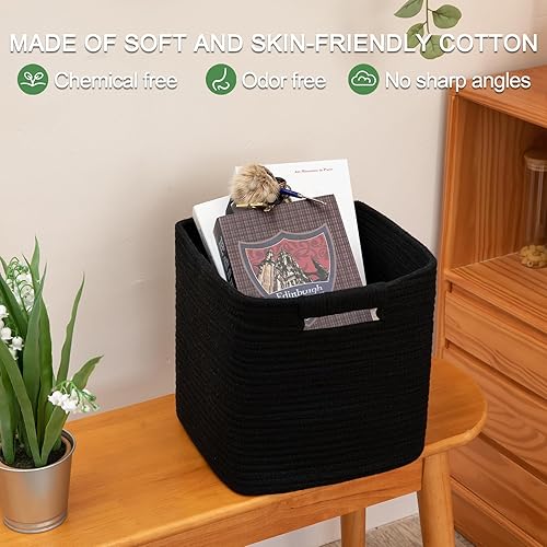 Miniatura 5 de OIAHOMY Cubos de almacenamiento de 11 pulgadas, paquete de 3, cestas tejidas de cuerda de algodón para organizar, cestas de almacenamiento cuadradas