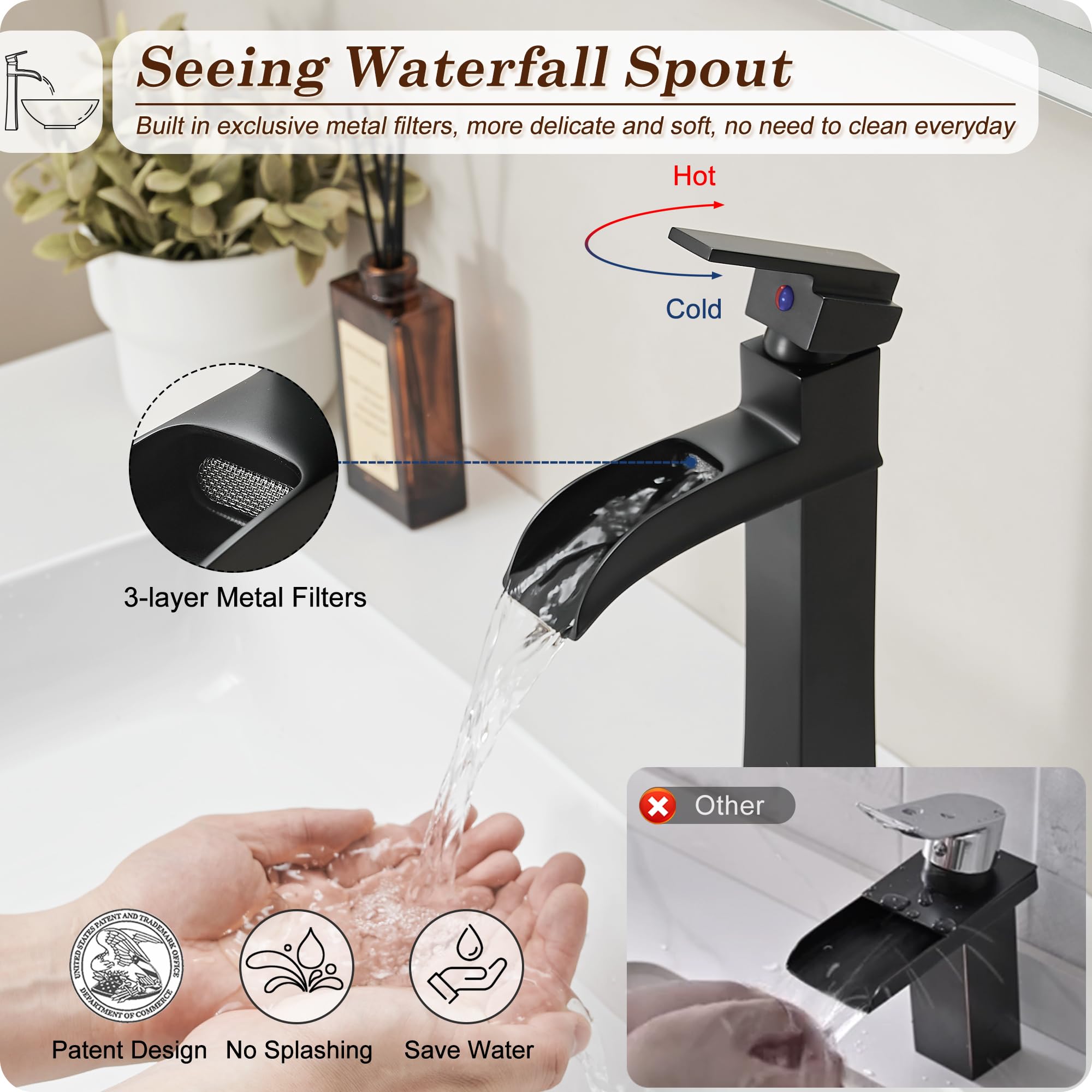 Vessel Sink Faucet Black 12 Inch Waterfall Tall Bathroom Faucet One Hole with Pop-Up Drain Pre-Installed Hoses Single — view 3