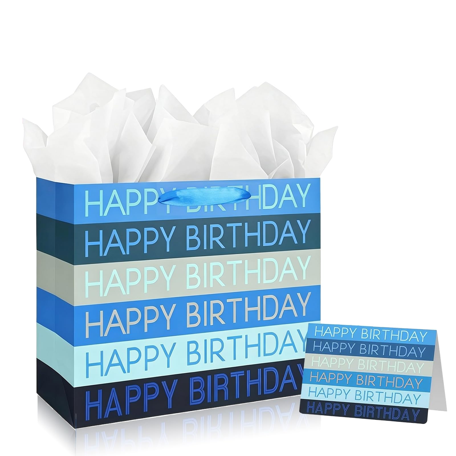 Large Birthday Gift Bag for Kids Adults Presents,Blue Stripes Gift Wrap Wrapping Bag,33*26*12cm Happy Birthday Party Present Bags with Handles and 3 Wrappers 1 Card,Luxury Paper Gift Toto Bags for Him