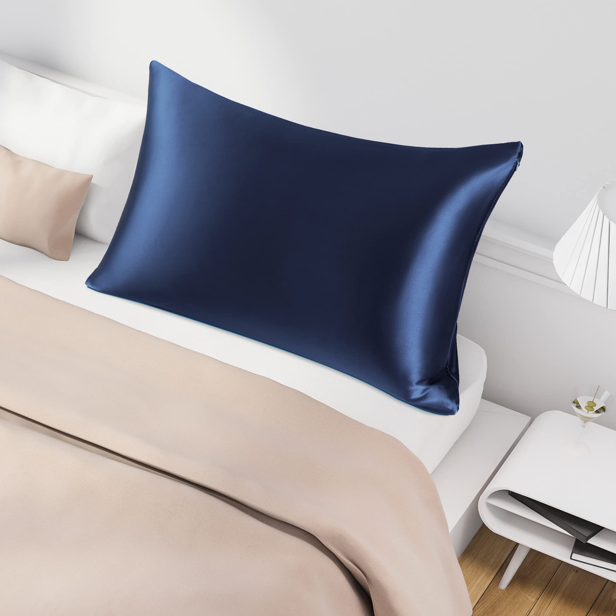 PiccoCasa - Funda de almohada de seda pura 100% natural para cabello y piel, ambos lados de 400 hilos, 19 momme de seda con cremallera oculta, 1 paquete, azul marino, tamaño Queen 50 x 76 cm