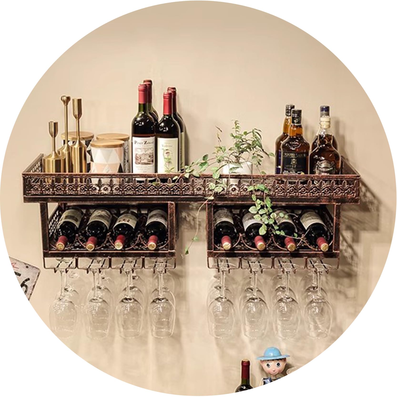Casier à vin mural en cuivre 100cm avec porte-verre pour cuisine et bar