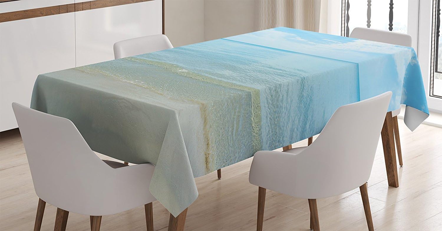 Ambesonne Ocean Tablecloth, Sunny Summer Day at The Sandy Beach Tranquil Calm Shore Sea Horizon Image Artprint, Rectangular Table Cover for Dining Room Kitchen Decor, 52" X 70", Blue Cream