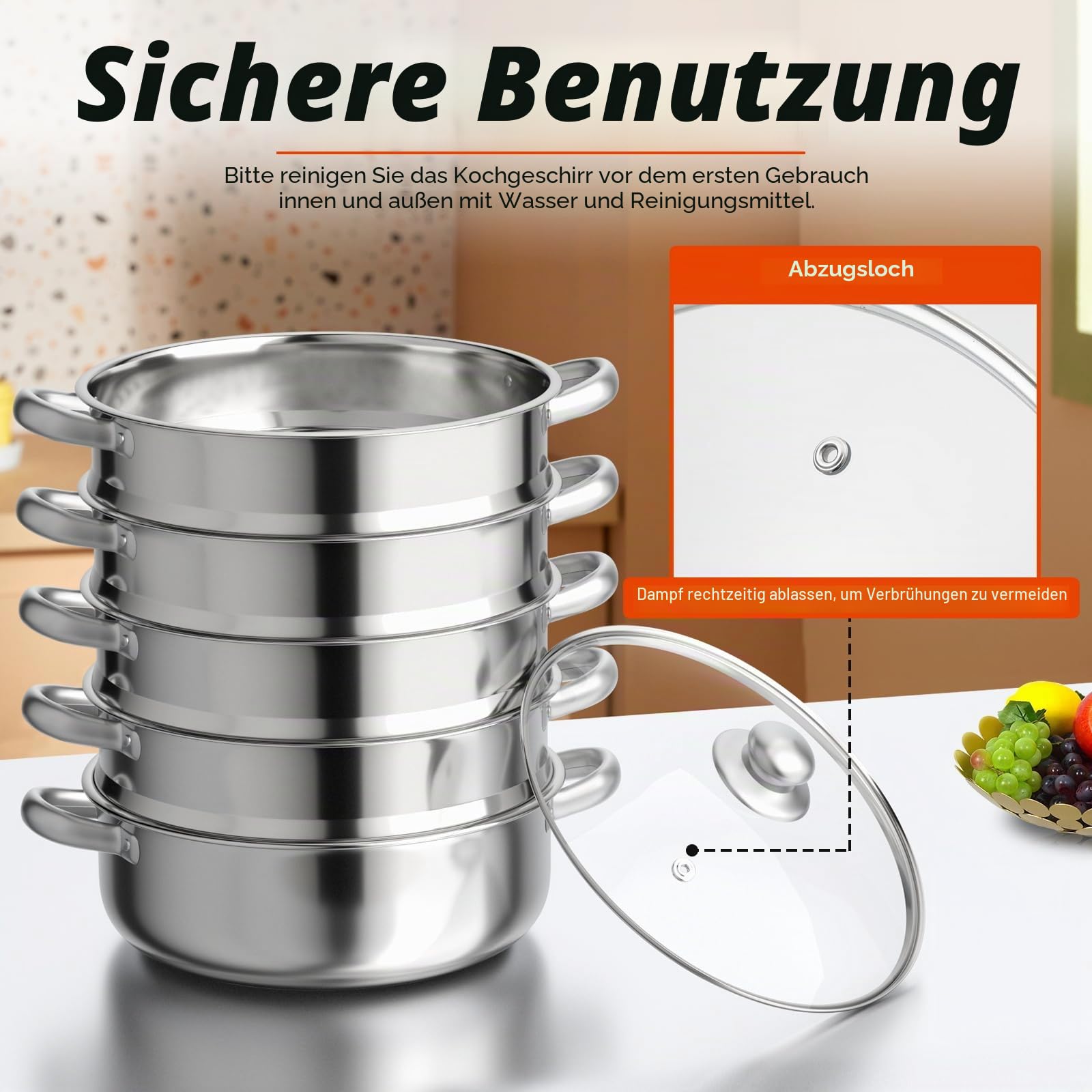 Dampfgarer aus Edelstahl, 5-stufiger Dampfkocher mit Glasdeckel – Induktionsgeeigneter Steamer Topf 30cm für Gemüse und Dumplings