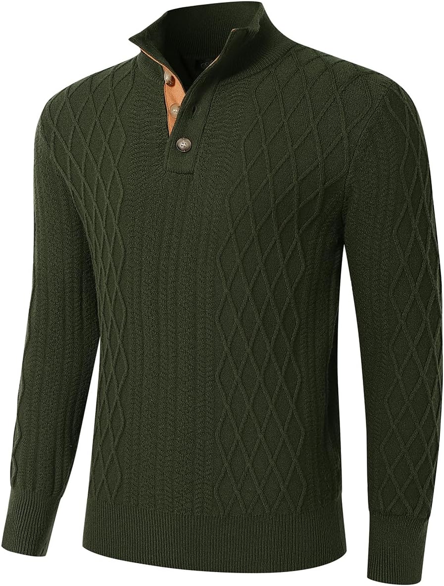 Auxo Men's Cable Knit Pullover Sweaters Casual Long Sleeve Stand Collar Quarter Button Knitted Sweater