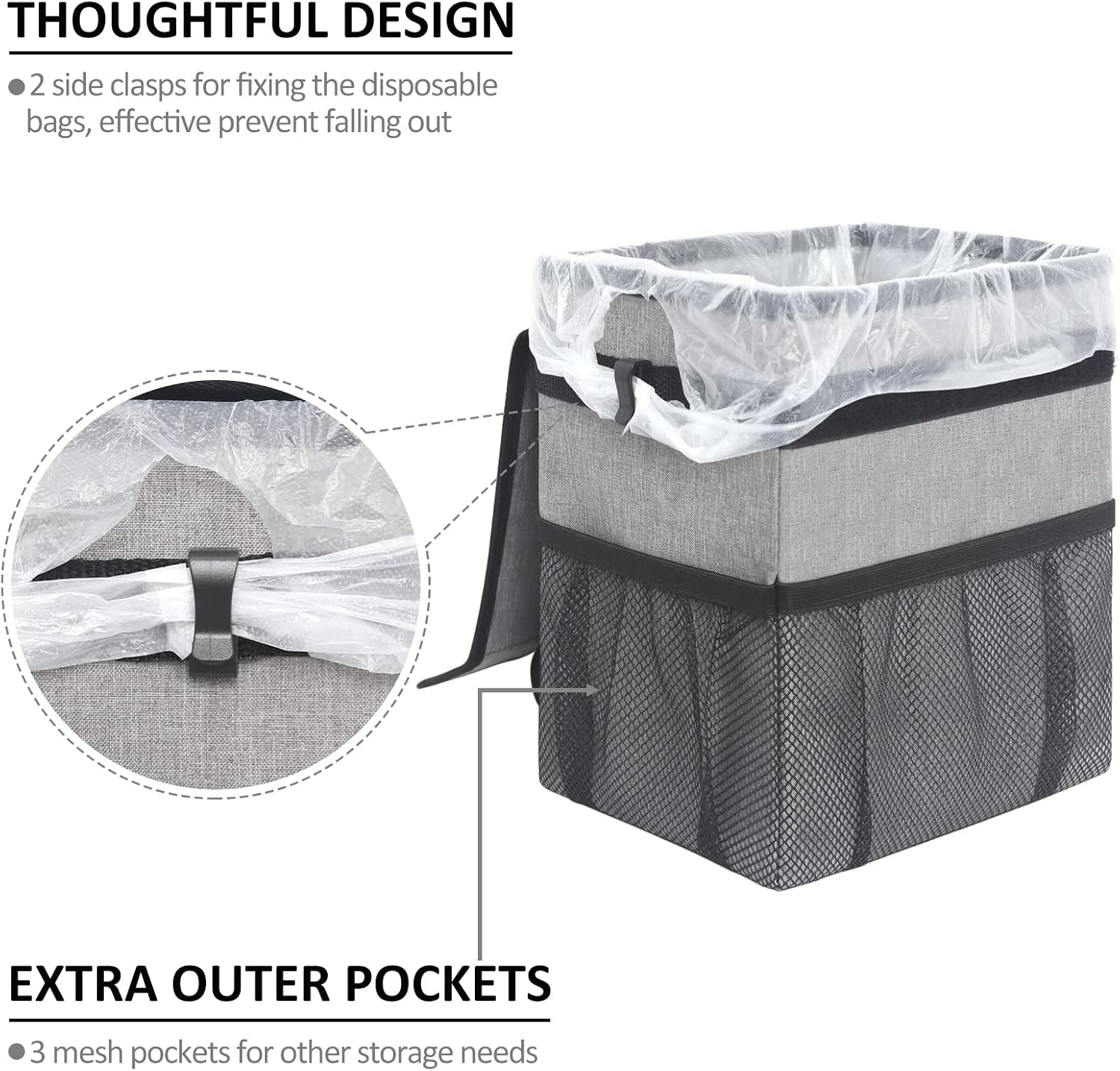 ELONGRIVER Car Trash Can,Large Opening Car Trash Bag with Portable Handle and 3 Outer Pockets,100% Leak Proof Car Trash Bin 2 Gallons (Camouflage) (Grey)