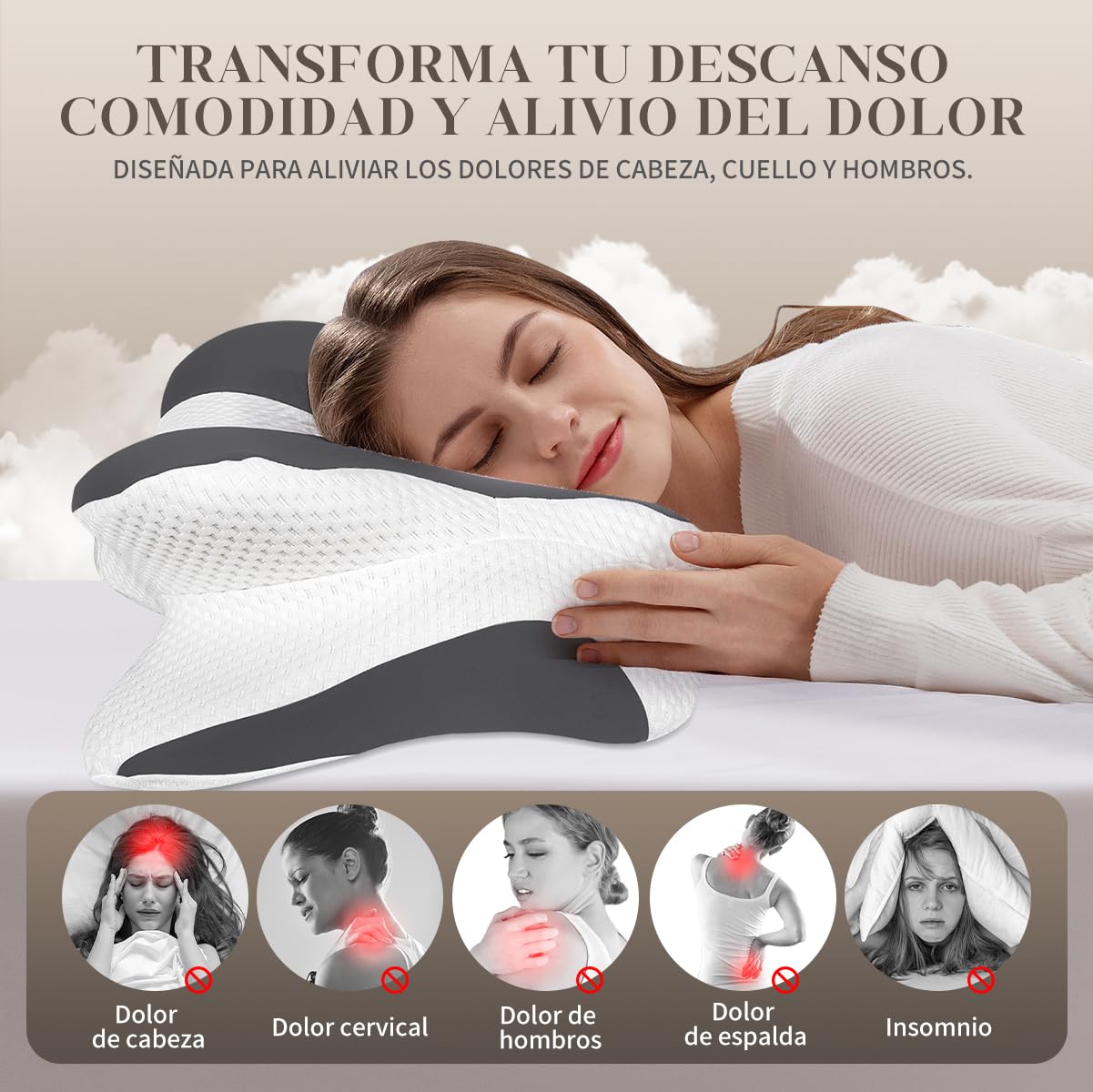 Almohada Cervicales y Cuello, Almohada Cervical Viscoelástica para Cervicales, Tejido Refrescante, Almohada Antirronquidos para Dormir de Lado, Boca Arriba y Boca Abajo, Color Gris Claro