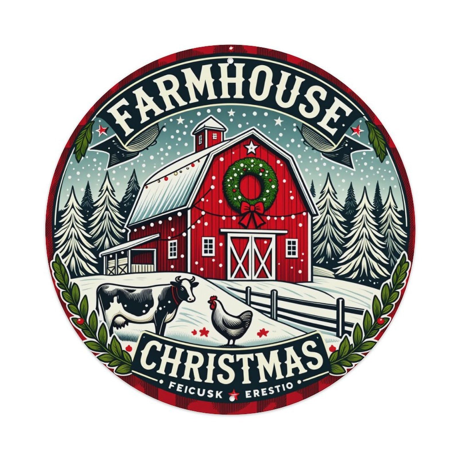 Jdyaojiesheng Vintage Farmhouse Christmas Barn Wreath Cow Round Tin Sign Retro Metal Wall Decor Metal Poster, Home Bar Garage Farmhouse Cafe Wall Art Decoration 8X8inch