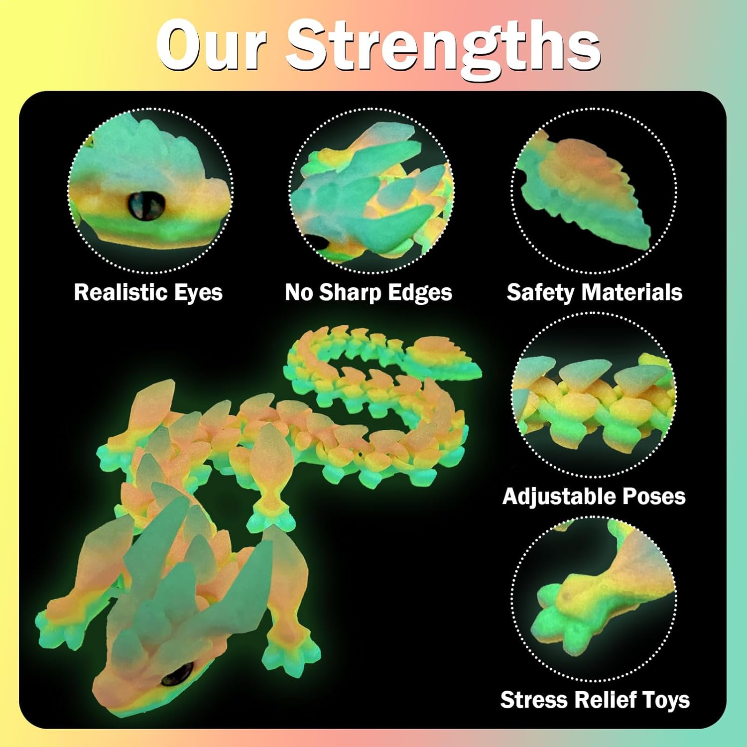 30in Large 3D Printed Glow in The Dark Articulated Dragons Toy with Eyes, Stress Relief 3D Printed Toys for Anxiety & ADHD,Unique Mystery Crystal Fidget Animal（Colorful Luminous Rainbow）
