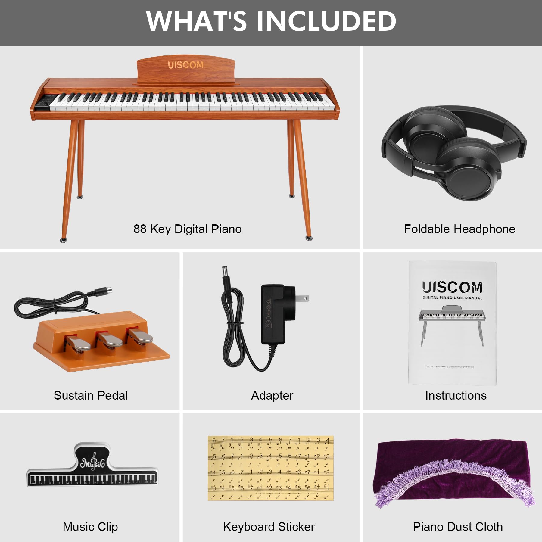 UISCOM - Teclado digital para piano de 88 teclas semiponderado para principiantes, piano eléctrico de tamaño completo con soporte, pedal triple, adaptador, soporte de partitura, auriculares,